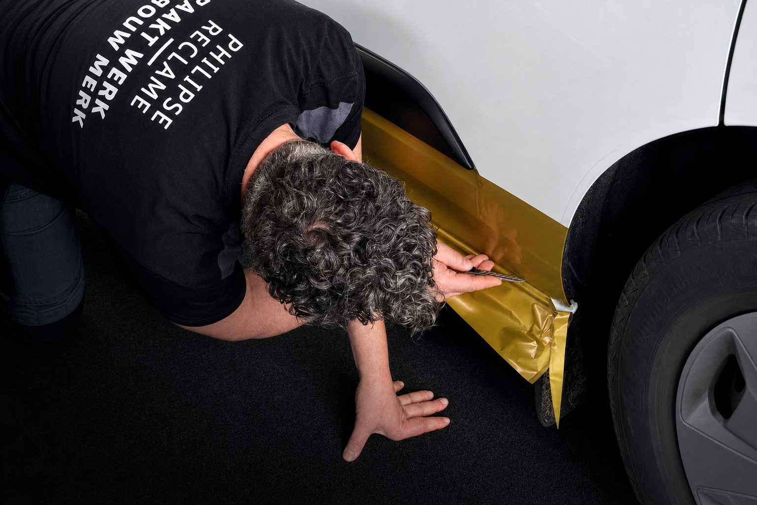Monteur van Philipse Reclame brengt autobelettering aan