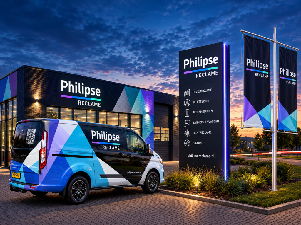 Het pand van Philipse Reclame met bedrijfsbus en vlaggen